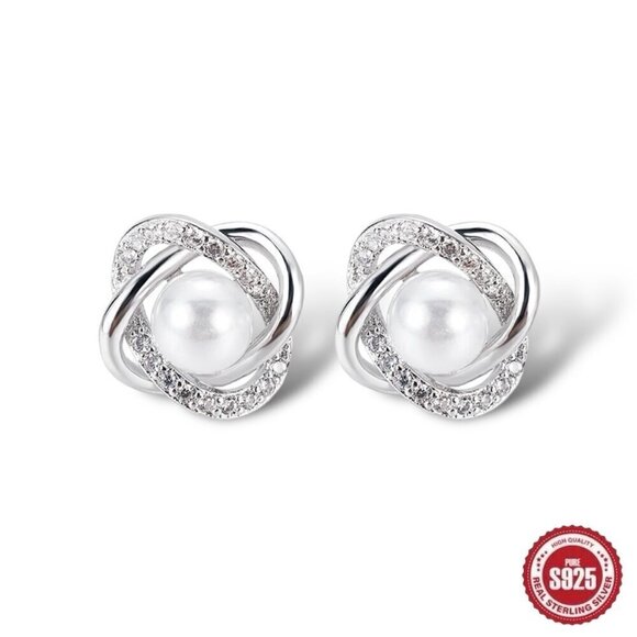 NWT S925 Silver Cubic Zirconia White Pearl Dainty Stud Earrings - Picture 1 of 10